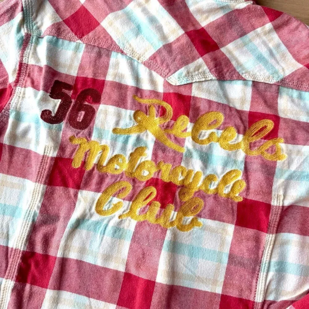 True Religion 56 Rebels Motorcycle Club Pearl Snap Plaid Shirt Red Medium Y2K